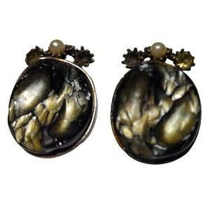 Vintage Hollycraft Clip On‎ Earrings Signed Faux Diamond and Faux Pearls USA SEE